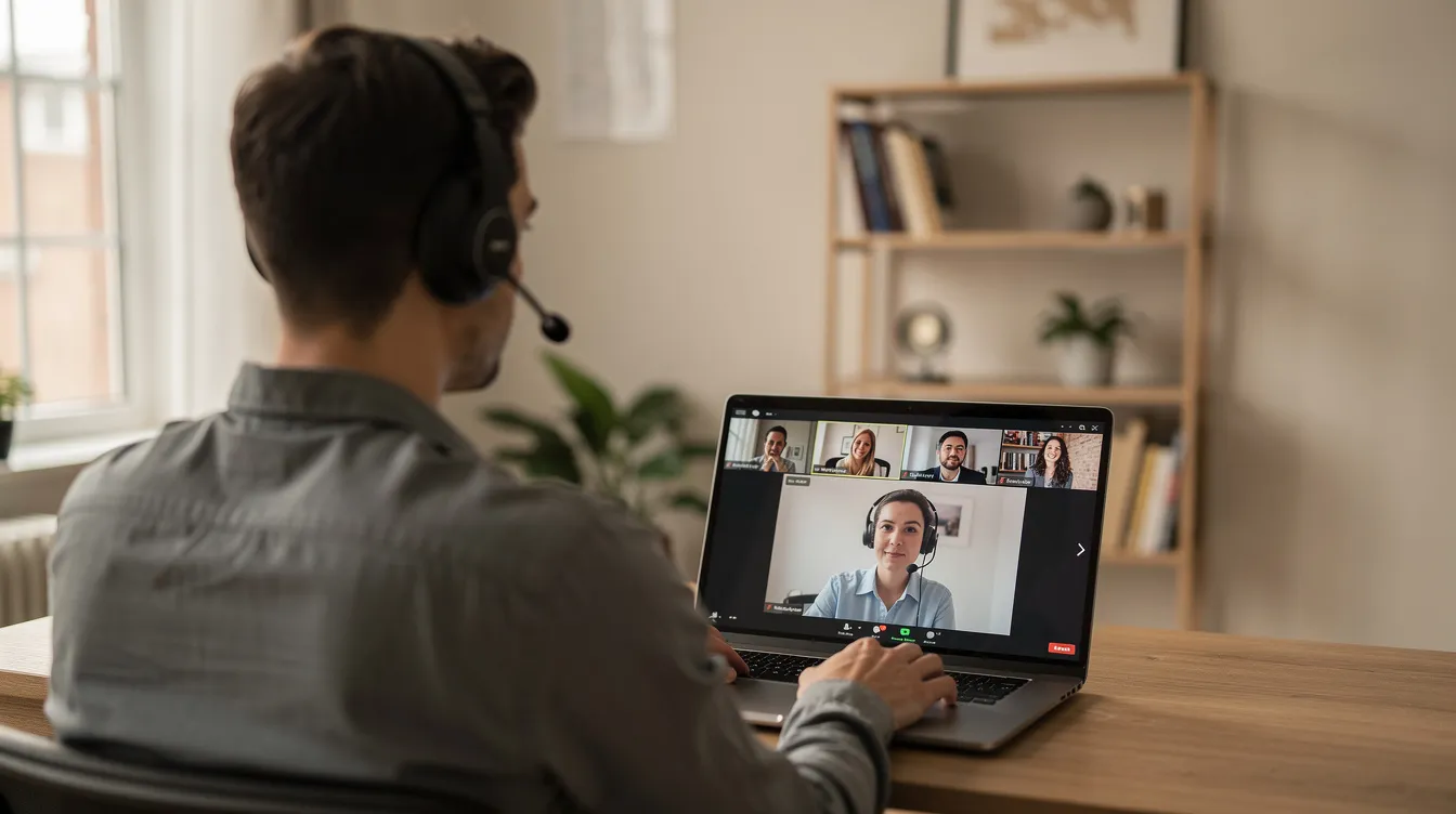 L'image montre une personne en visioconférence sur un ordinateur portable, portant un casque sur les oreilles, installée dans un espace de travail à domicile. Cette scène illustre les défis de la communication managériale et les obstacles à la communication qui peuvent survenir lors des interactions à distance au sein d'une équipe.