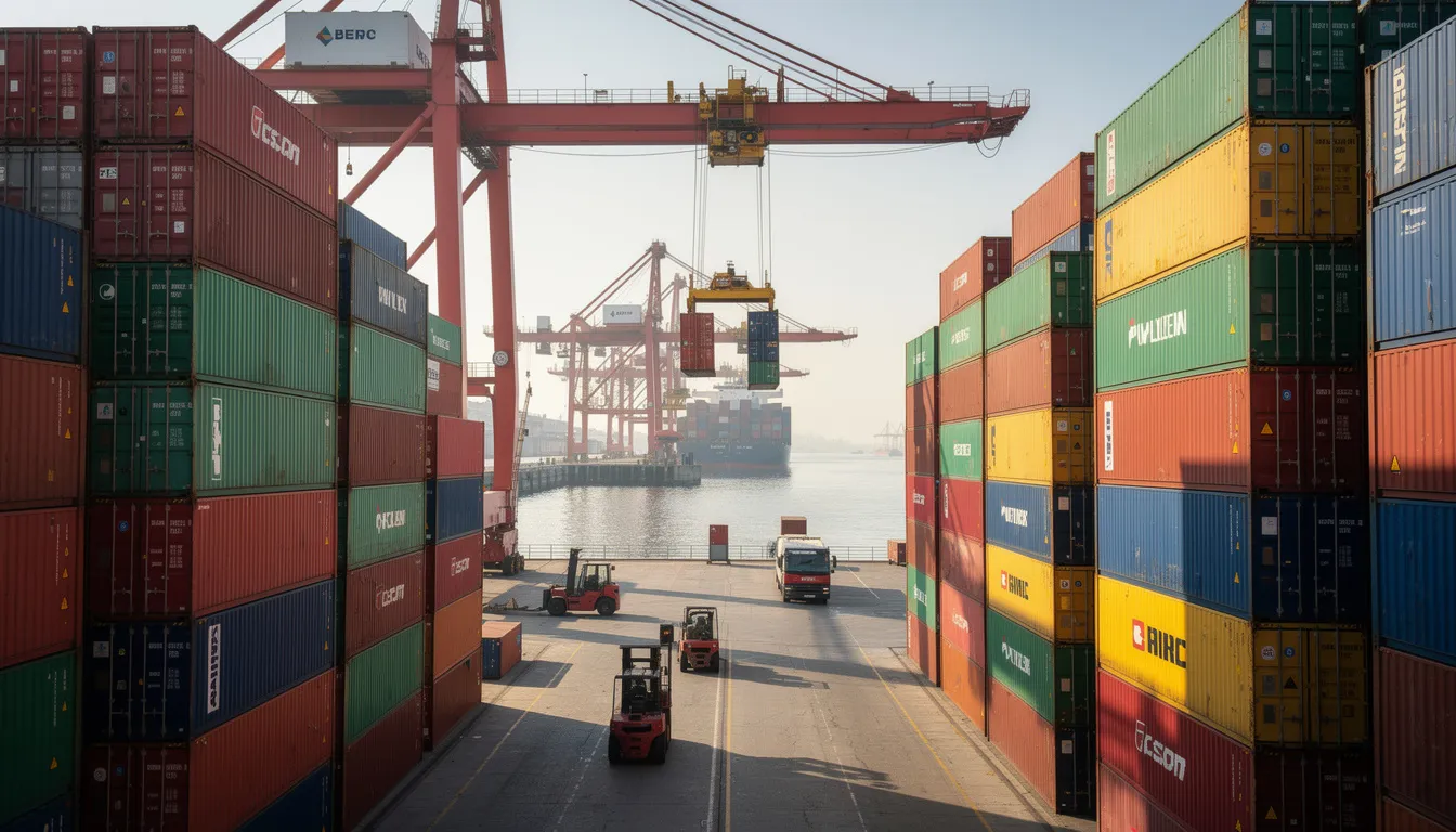 The image depicts a busy international shipping port filled with stacked cargo containers, showcasing a vibrant global logistics network. This bustling scene highlights the essential role of shipping services in cross-border e-commerce and the efficient movement of packages across various destinations.