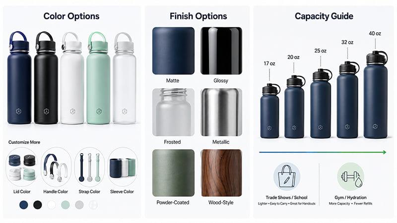 Water bottle customization options for colors, finishes, lid parts, sleeves, and capacity choices