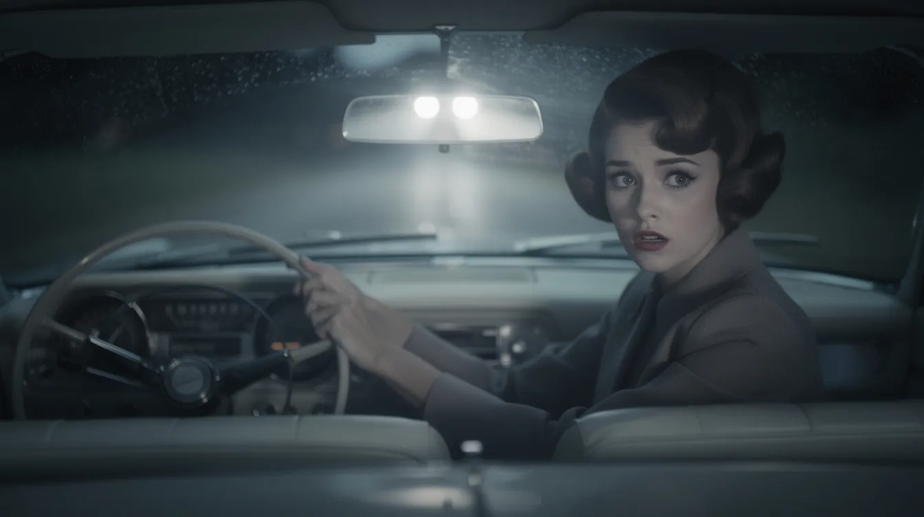 Eine nervöse Frau im Stil der 1960er-Jahre sitzt am Steuer eines Autos bei Nacht, während im Rückspiegel die Scheinwerfer eines anderen Fahrzeugs leuchten. Diese Szene vermittelt eine spannende Atmosphäre, die an die Filmhandlungen von Alfred Hitchcock erinnert.