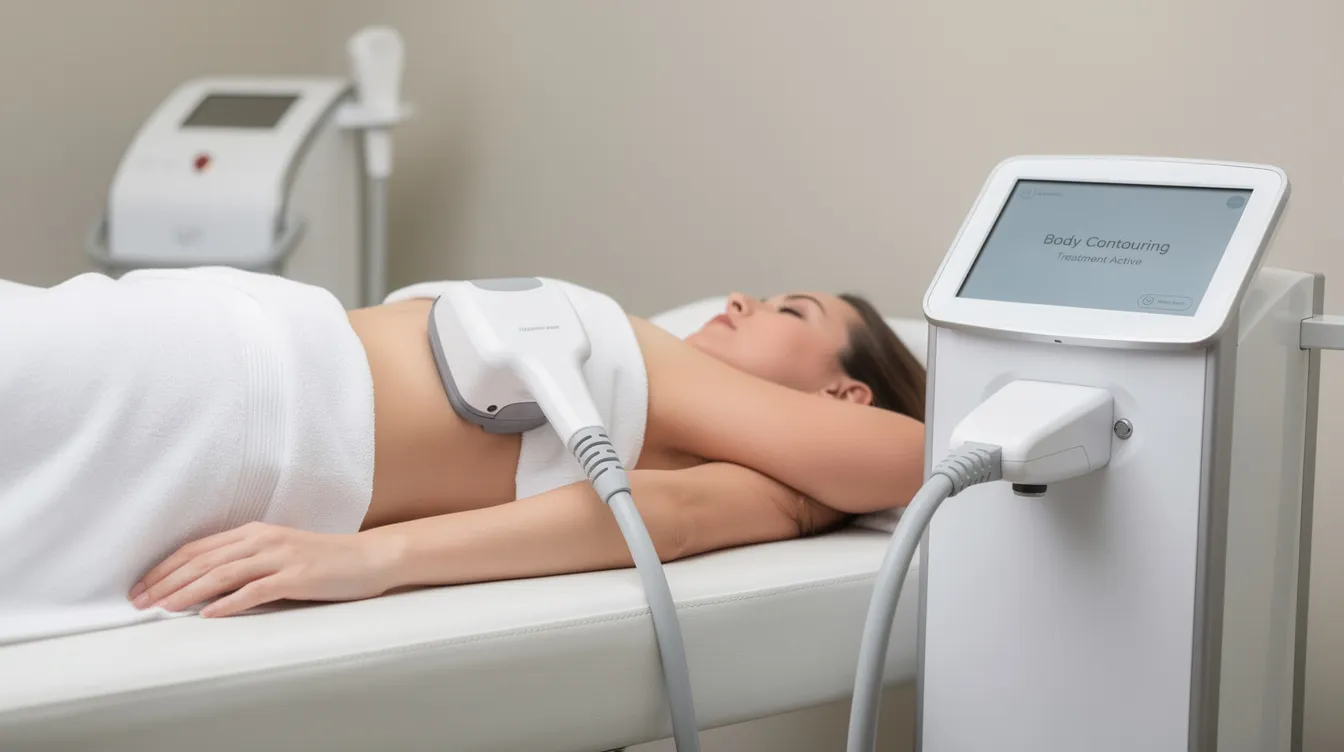 An applicator for body contouring is positioned on a patient's flank area while they lie comfortably on a treatment bed, targeting stubborn fat deposits to help eliminate love handles. This non-invasive procedure uses controlled cooling to freeze fat cells, promoting a more sculpted waistline and noticeable reduction in excess fat.
