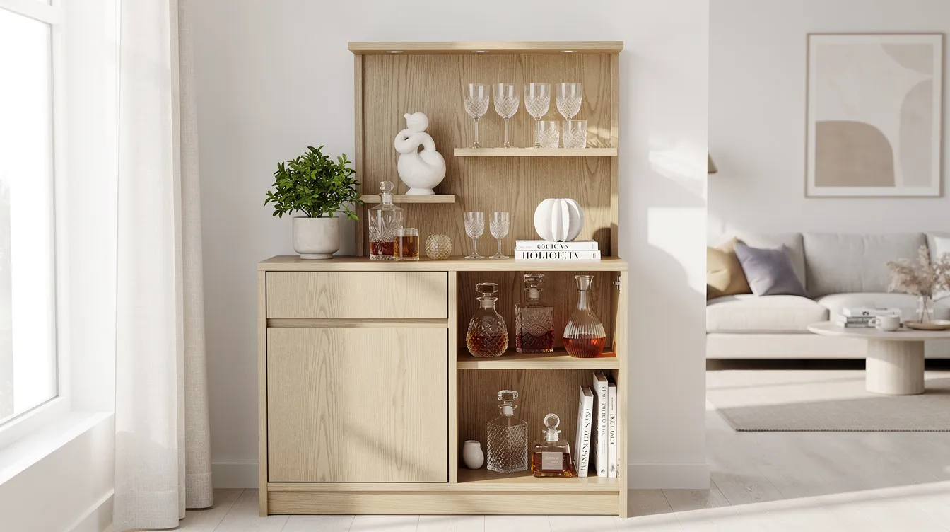 Een stijlvol ingerichte open kast in een lichte woonkamer, gevuld met glazen, karaffen en een mooie vaas, creëert een rustige sfeer met aardse tinten en strakke lijnen. Kleine accessoires en een paar decoratieve items vertellen een persoonlijk verhaal en zorgen voor een mooie balans in de ruimte.