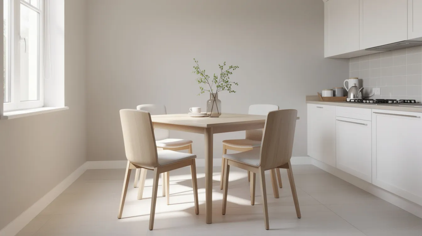 Een compacte vierkante eettafel met vier stoelen staat in een lichte, kleine keuken. De tafel biedt voldoende ruimte voor een gezellige maaltijd rondom de tafel, met een stijlvol ontwerp dat perfect past in de beschikbare ruimte.