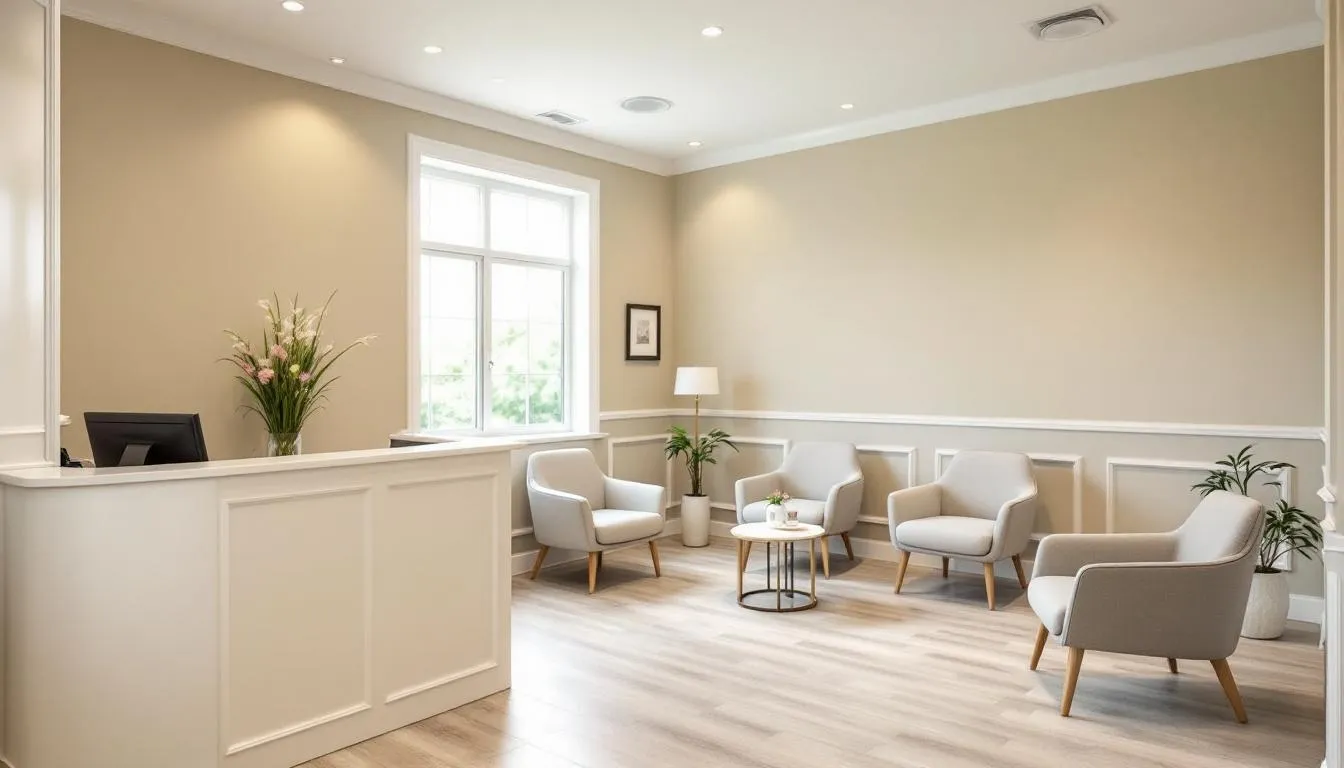 The image depicts a modern medical office, featuring a reception area with comfortable seating, a front desk, and medical posters on the walls. This space is designed for small business owners in the healthcare sector, where self rental income strategies can be applied to optimize tax planning and enhance passive income opportunities.