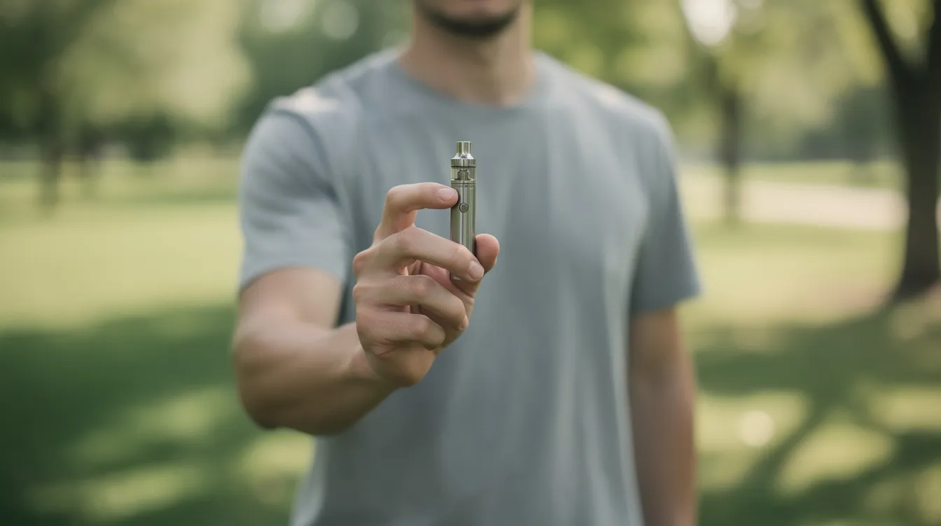 A person stands outdoors, holding a small vape pen against a backdrop of lush green scenery, suggesting a relaxed atmosphere. This image may resonate with those interested in hemp derived THC products, particularly in states like Wisconsin where THCA legality is a topic of discussion.