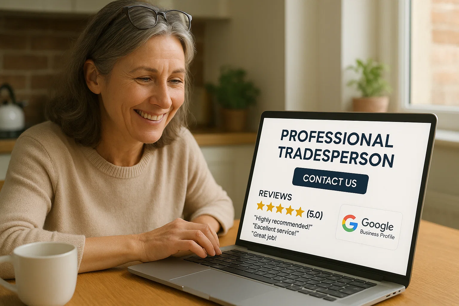 Customer viewing a trustworthy trades website with reviews and a Google Business Profile.