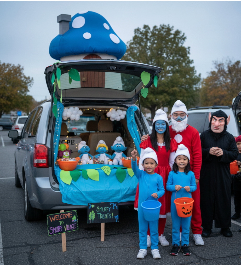 car decorated for Halloween in a smurfs theme, door
