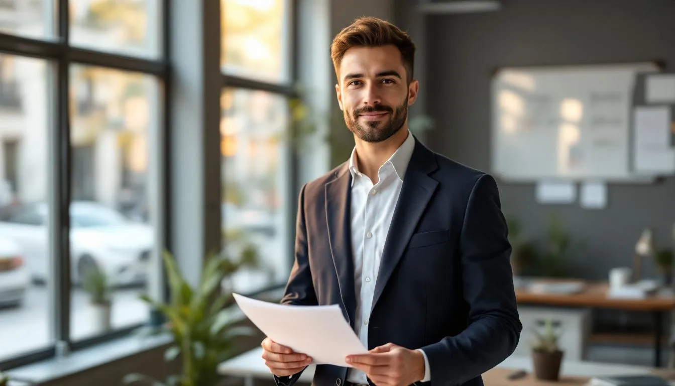 The image depicts a determined and committed small business owner, exuding confidence and success after securing financing to grow their company. With a sense of resolve, the won't hesitate to find the best way to expand his business, shocsing clear communication and a response to demand of quality.