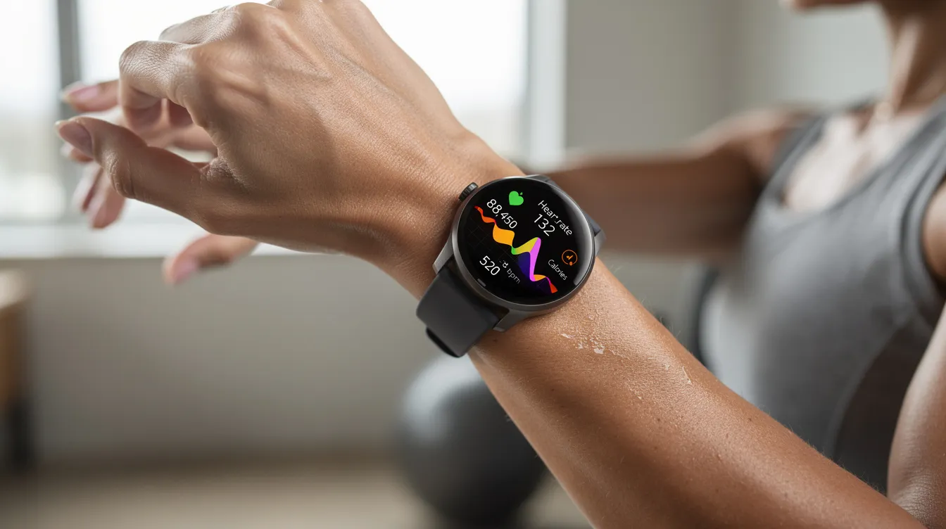 A person is checking their fitness tracking data on a smartwatch, monitoring metrics such as heart rate variability and energy levels to support their active lifestyle and improve overall health outcomes. This device provides valuable insights into their metabolic health and performance, aiding in fine-tuning their training regimen for peak performance.