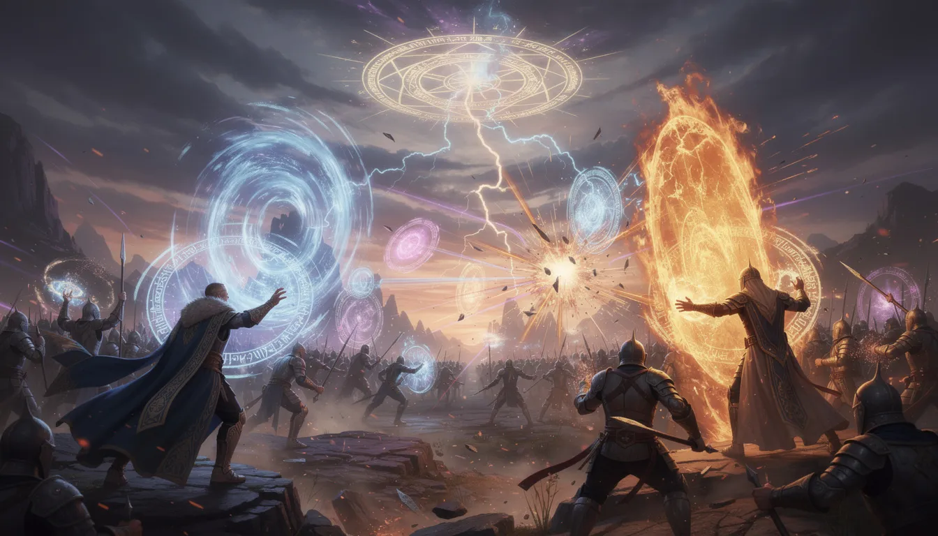 En fantasifull stridsscen visar magiska besvärjelser som sänds genom luften, med lysande effekter som skapar en dramatisk atmosfär. I bakgrunden kan man föreställa sig en värld där spel och äventyr möts, likt en upplevelse hos Duelz Casino.