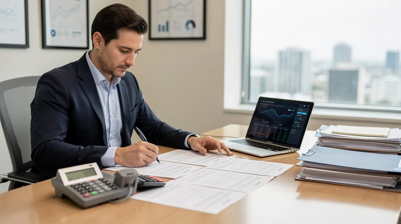 4b7f6815 9e1e 44e2 9cff db7dd735600f A bank officer is seated at a desk, intently reviewing documents related to business loans, with a calculator and laptop in front of them. This scene reflects the process of financial assistance for small and micro enterprises, highlighting the importance of eligibility and requirements for accessing mudra loans under the Pradhan Mantri Mudra Yojana.