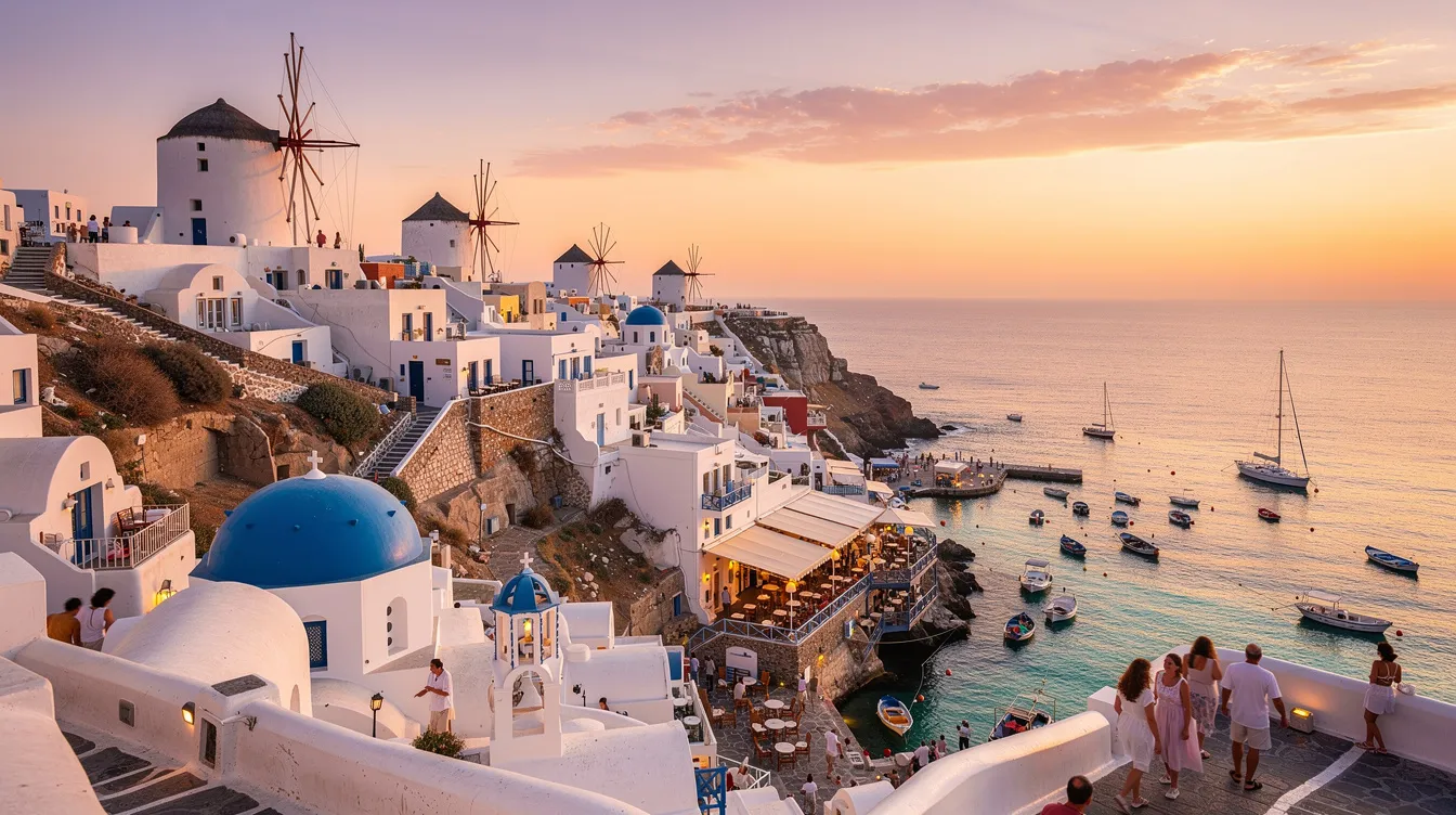 Imagem de Mykonos, uma das mais famosas ilhas da Grécia, com suas casas brancas e portas azuis, cercadas por águas cristalinas do Mar Egeu. O cenário é perfeito para turistas que buscam cultura e relaxamento em um dos principais destinos da Grécia, conhecido por suas praias deslumbrantes e vibrante vida noturna.