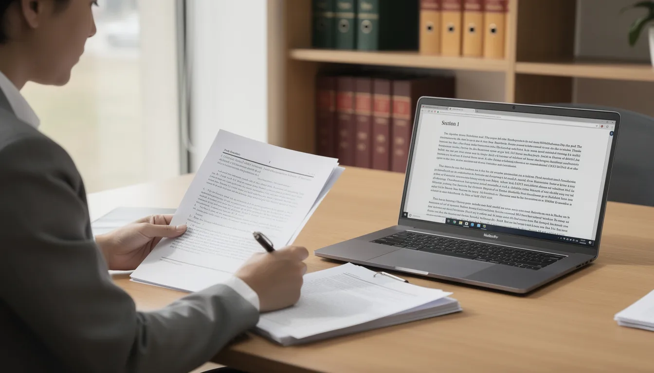 A person is seated at a desk, closely examining various documents while a laptop displays legislative text related to the right to compute act and AI regulations. The scene highlights the intersection of technology policy and individual rights in the digital age.
