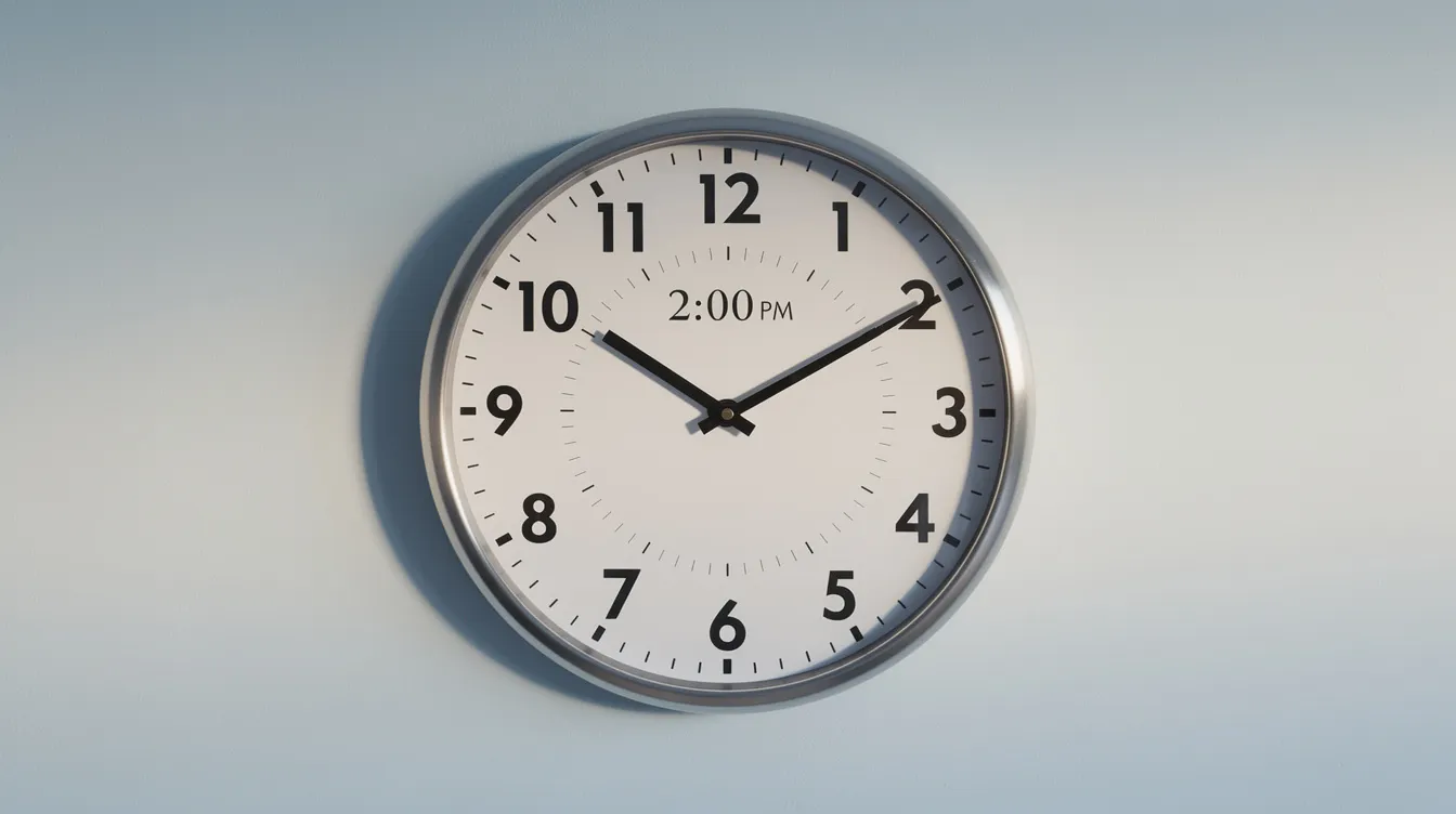 An analog clock displaying 2 PM is set against a calm background, symbolizing the ideal time for a brief afternoon nap to combat sleep deprivation and improve alertness. This image encapsulates the benefits of napping, particularly for those feeling tired during the early afternoon.
