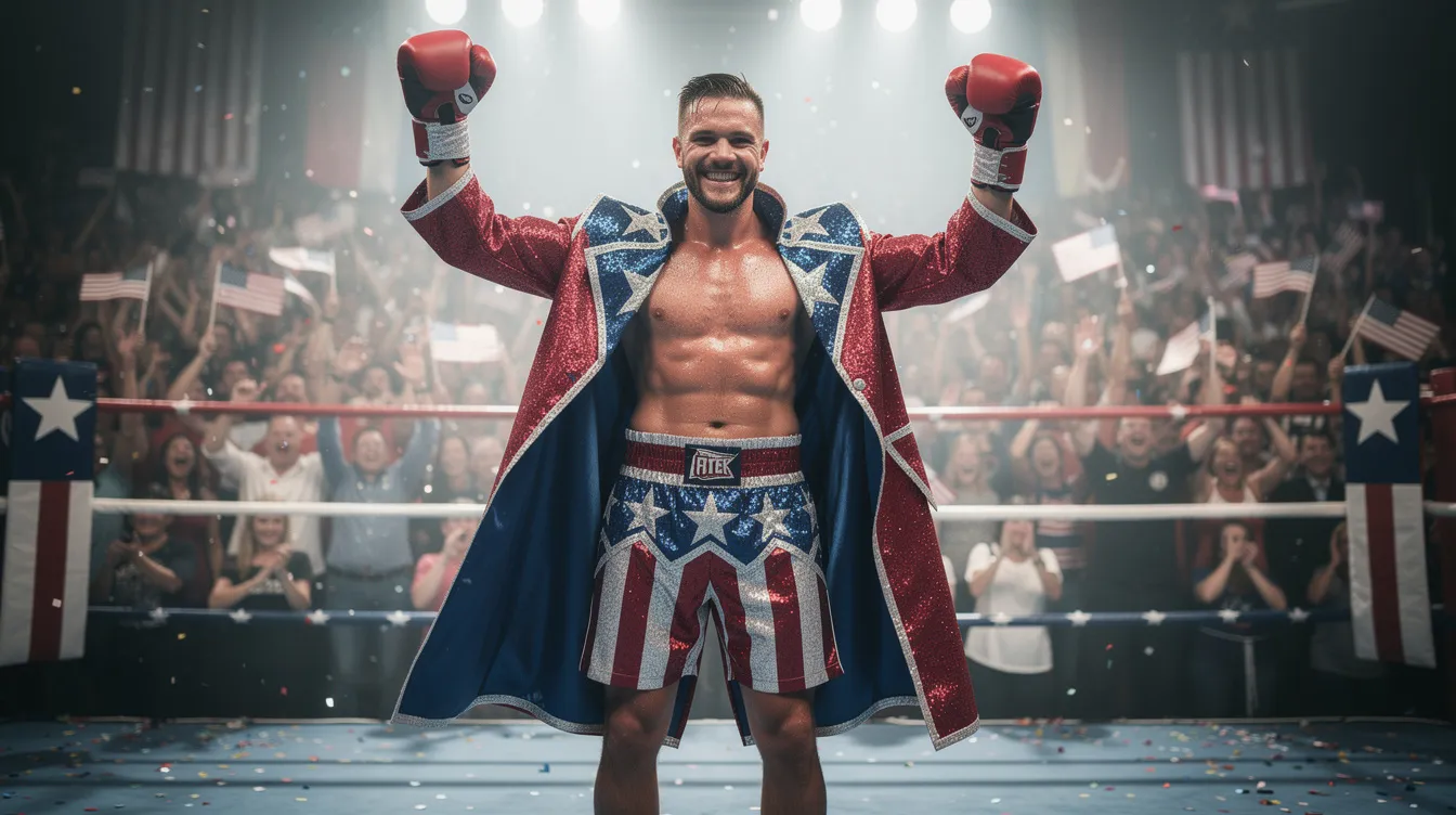 Ein selbstbewusster Boxer, der in einem patriotisch geschmückten Kostüm gekleidet ist, betritt einen hell erleuchteten Boxring, umgeben von jubelndem Publikum und Stars-and-Stripes-Dekoration. Die Atmosphäre erinnert an die legendären Kämpfe von Rocky Balboa, während die Zuschauer voller Aufregung auf den bevorstehenden Kampf warten.