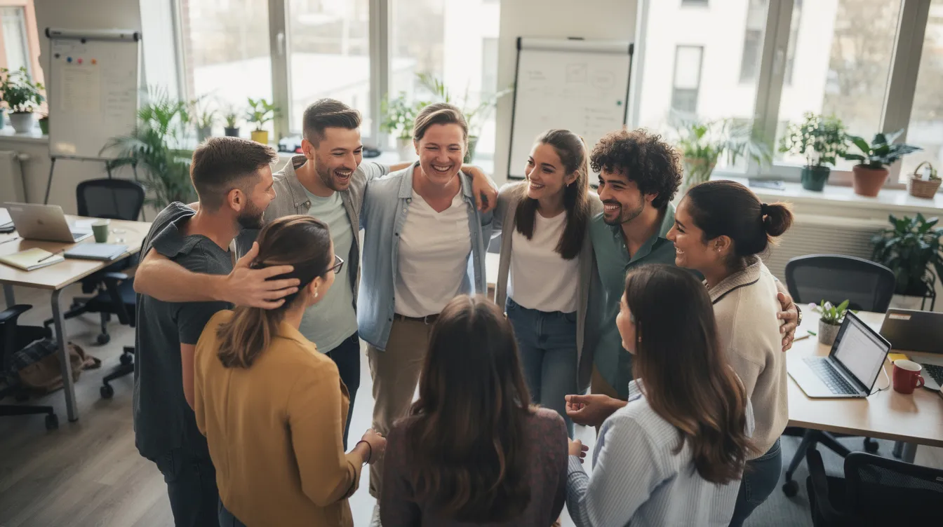 Une équipe de collègues souriants est réunie en cercle dans un espace de travail collaboratif, favorisant la communication et la cohésion. Cet environnement encourage l'écoute active et le partage d'idées, essentiel pour créer des relations constructives au sein de l'entreprise.