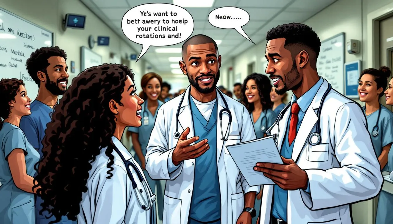 Tips for success in hospital clinical rotations shown through a student engaging with a medical team.