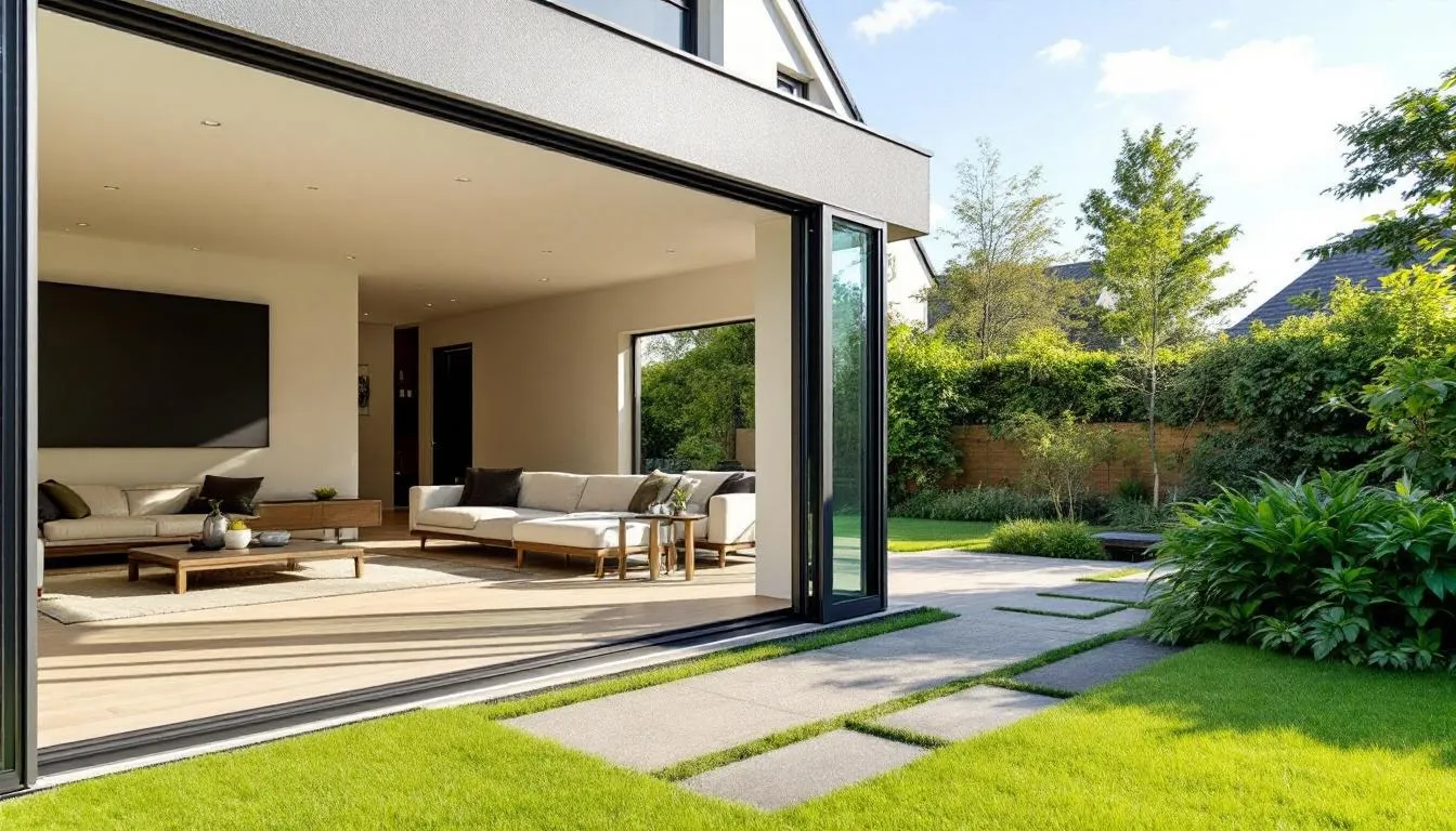Een modern huis met een grote aluminium schuifpui die een naadloze verbinding biedt tussen de woonkamer en de tuin. De schuifpui is uitgerust met driedubbele beglazing voor optimale thermische isolatie en energie-efficiëntie.