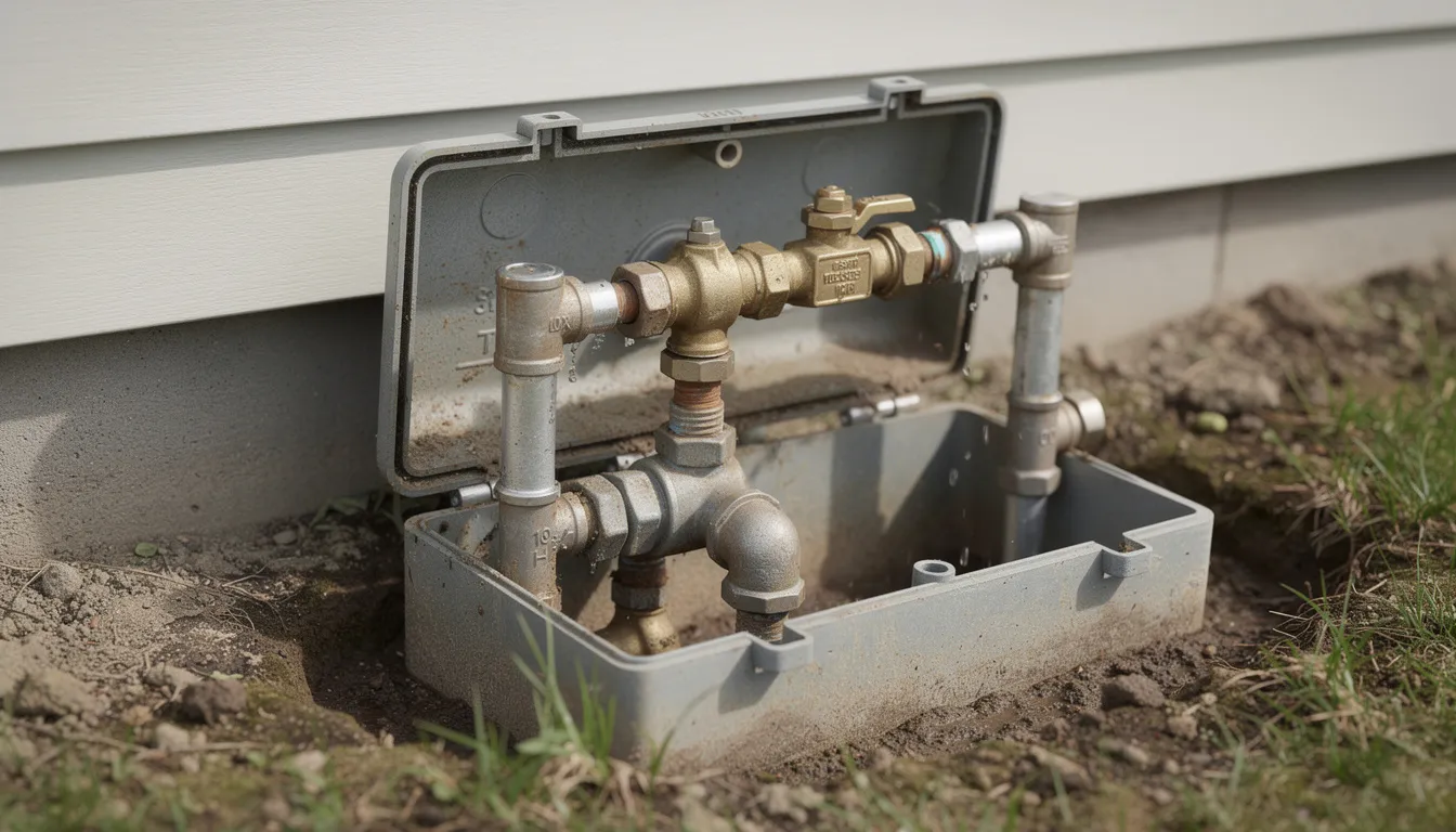 The image depicts a residential water meter box installed against a home's exterior wall, showcasing visible pipes and valves that are part of the plumbing system. This setup includes a pressure reducing valve, which helps regulate incoming water pressure and ensures optimal performance of the home's water supply.