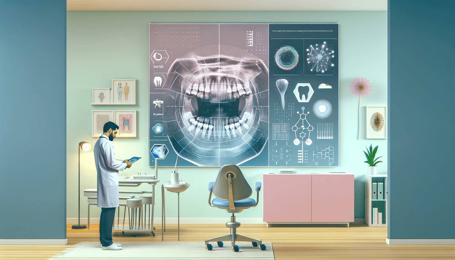 Dentysta analizuje rentgen zębów na ekranie z interfejsem AI w jasnym, pastelowym gabinecie dentystycznym.