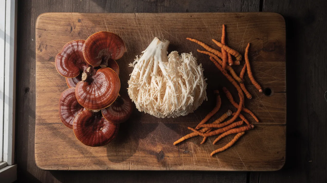 The image features an assortment of fresh lion's mane, reishi, and cordyceps mushrooms beautifully arranged on a rustic wooden cutting board, showcasing their unique textures and colors, which highlight the health benefits of these functional mushrooms. This vibrant display represents various mushroom species known for their potential cognitive benefits and immune support, often found in mushroom supplements and gummies.
