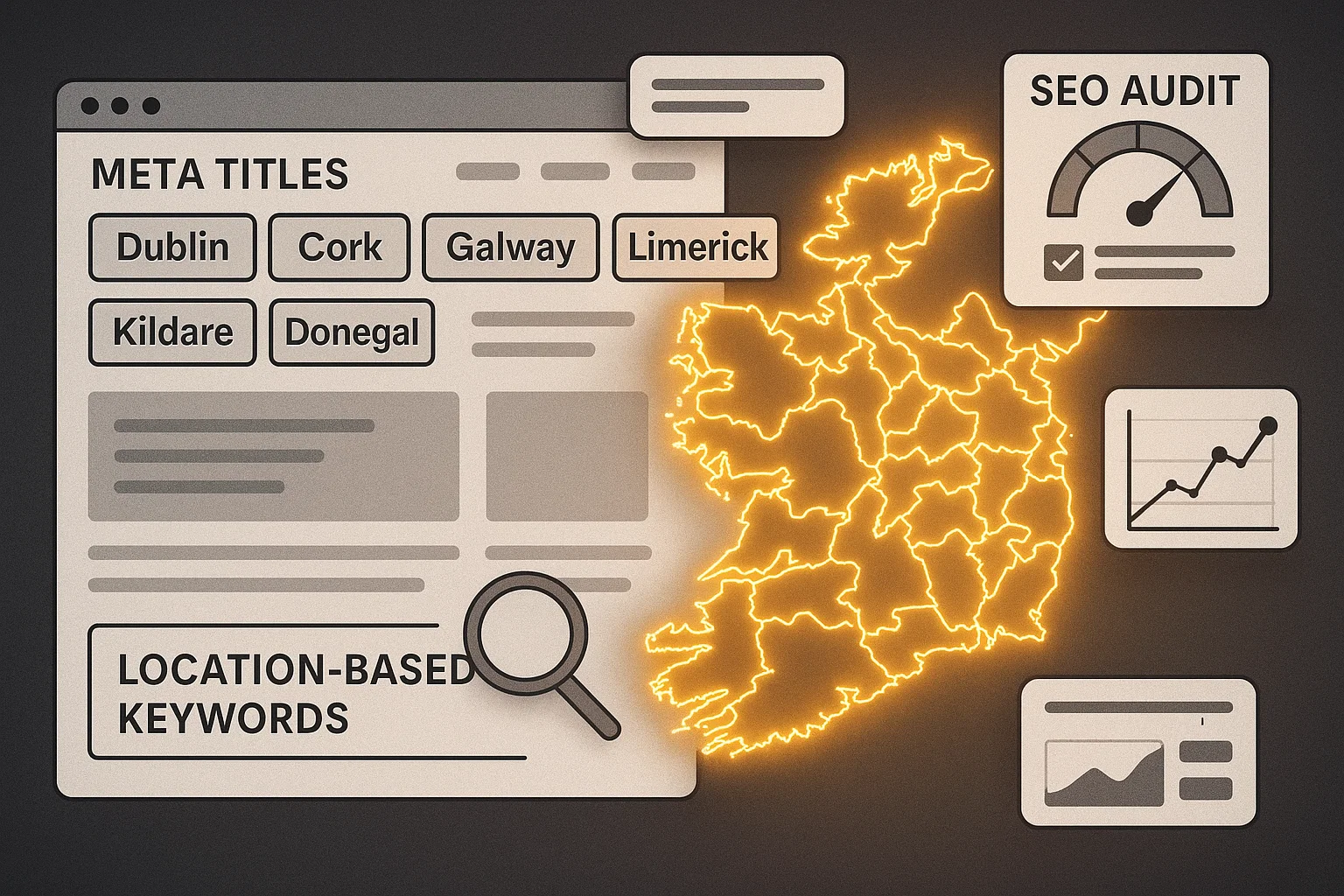 Website layout optimised with Irish location keywords and SEO audit tools.