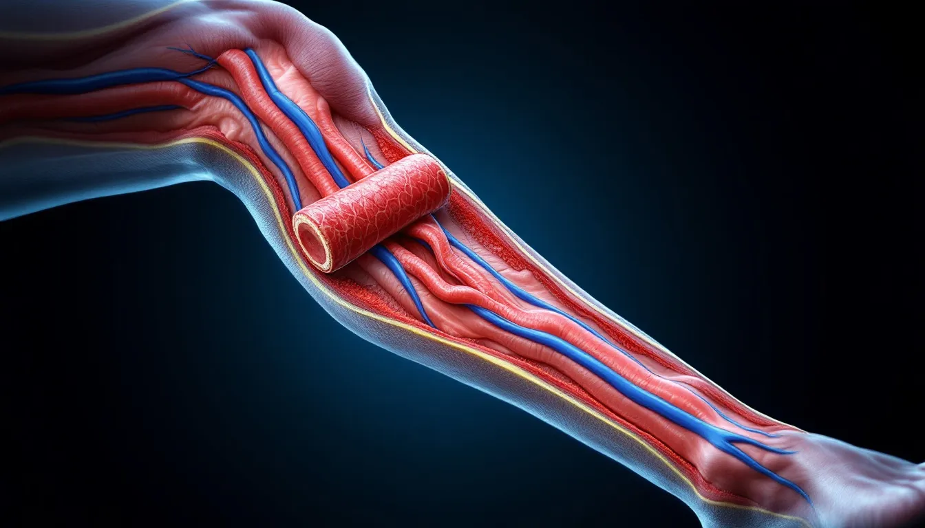 An illustration depicting deep vein thrombosis (DVT) shows a cross-section of a leg with swollen deep veins, highlighting blood clots forming within the affected veins. The image contrasts DVT with varicose veins, emphasizing the serious complications and risk factors associated with this medical condition, including prolonged immobility and leg pain.