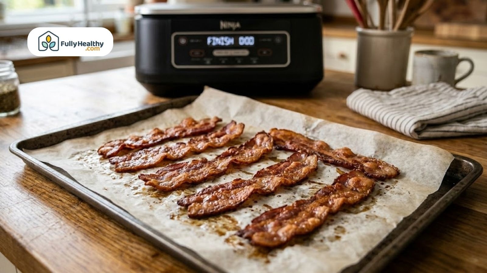 Crispy air fryer bacon resting on parchment paper after cooking.