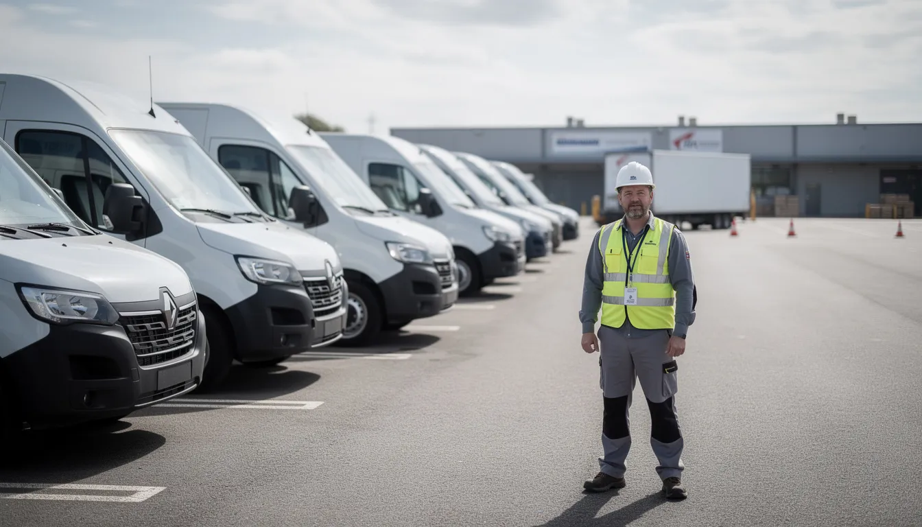 A professional technician in a safety vest stands beside a fleet of white delivery vans in a commercial yard, preparing for the telematics device installation process. The technician is focused on ensuring that the telematics system will provide valuable data for fleet managers, enhancing vehicle performance and operational efficiency.