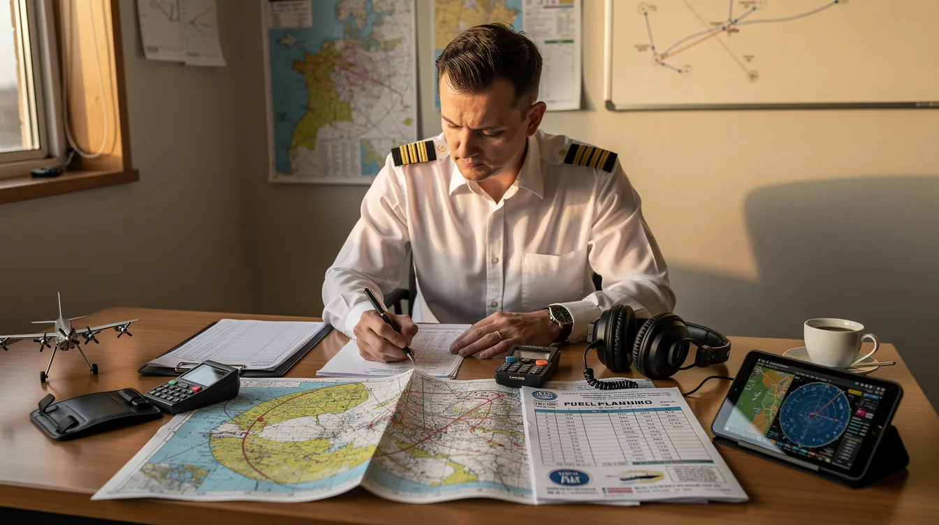 A pilot is seated at a desk, intently studying aviation charts and weather reports, surrounded by various flight planning materials essential for their instrument flight training. This scene reflects the dedication required for obtaining an instrument rating and preparing for cross country flights under instrument flight rules.
