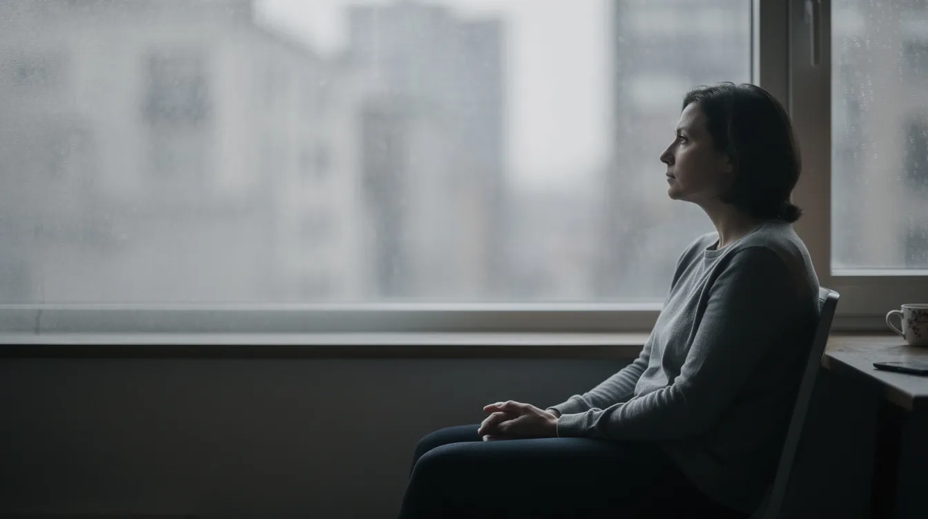 Hersketeknikker: hvordan kjenne dem igjen – og ta tilbake deg selv 1 Bilde av en person som sitter alene ved et vindu, med et tankefullt uttrykk i ansiktet. Personen ser ut til å reflektere over skyld og skam, kanskje i forbindelse med konflikter i parforholdet, og viser hvordan følelser ofte kan påvirke kommunikasjonen med andre.