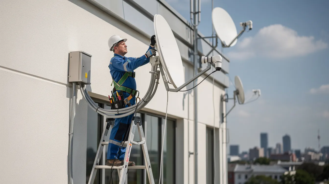A professional technician is seen adjusting a satellite dish on the exterior of a building, ensuring optimal alignment for the best viewing experience. This image highlights the skilled services offered by accredited DSTV installers, emphasizing the importance of professional installation for reliable entertainment access in South Africa.