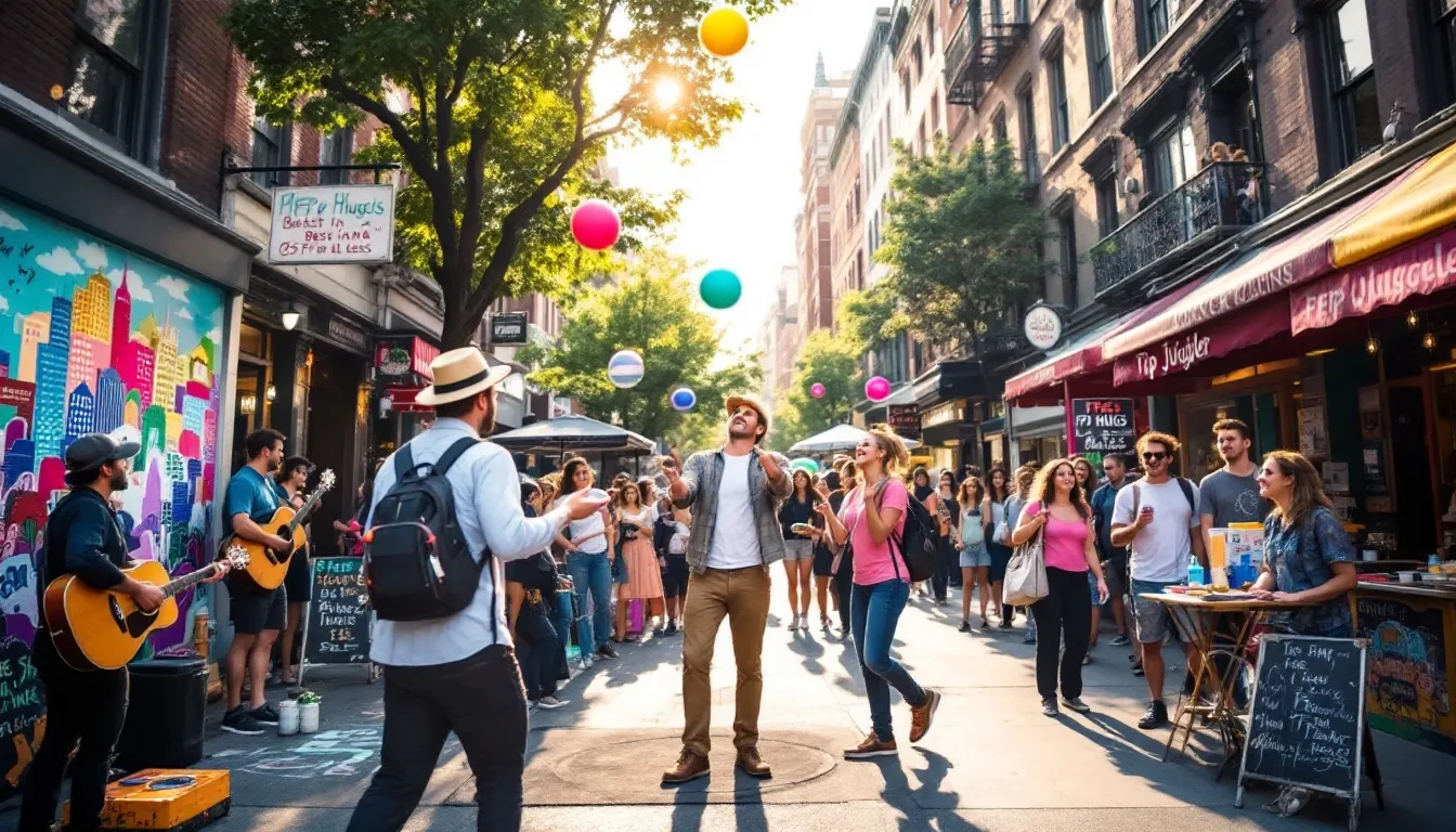 A vibrant street scene in NYC showcasing free activities and entertainment options for budget travelers.