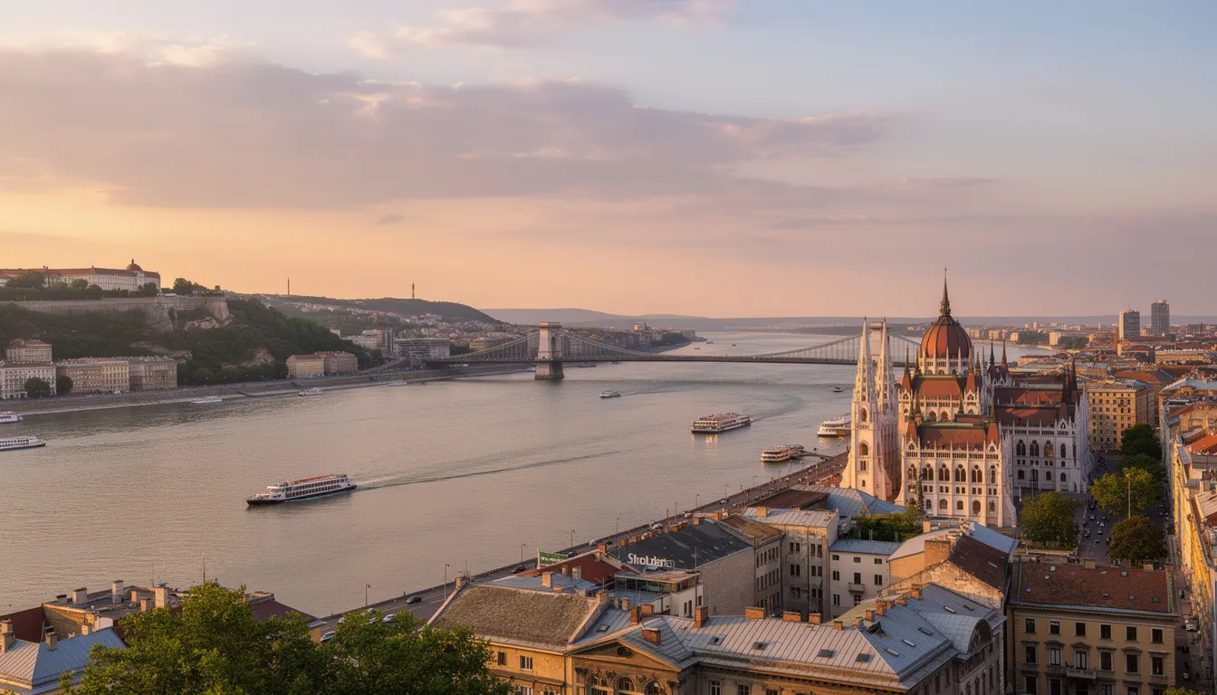 Une vue panoramique de Budapest montre le majestueux Danube serpentant à travers la ville, avec le Parlement hongrois se dressant fièrement sur ses rives. Cette image illustre la beauté de la capitale de la Hongrie, une destination prisée pour les étudiants internationaux souhaitant poursuivre leurs études en Europe centrale.