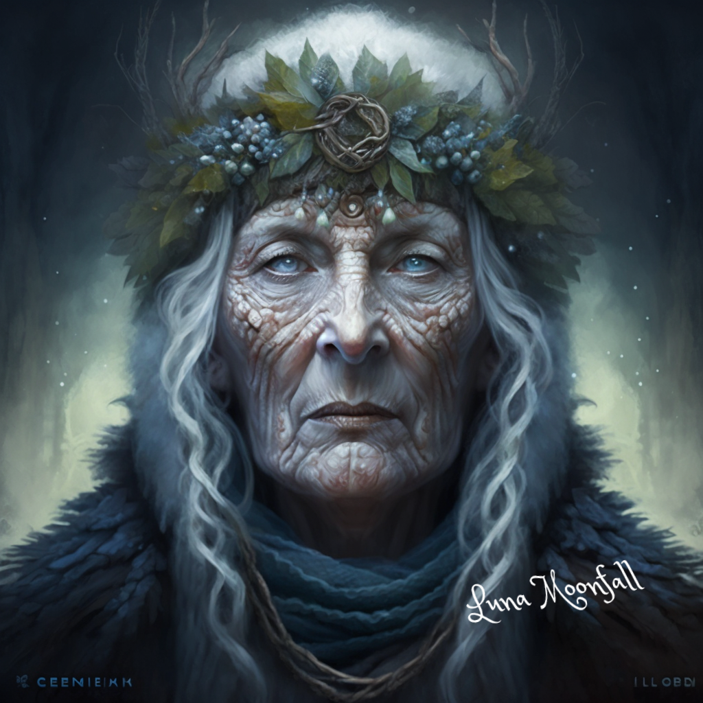 A gray and winkled Cailleach with a woodland crown adorning her curly hair. A blank expression is on her face while is in a furry cloak with a misty backround.