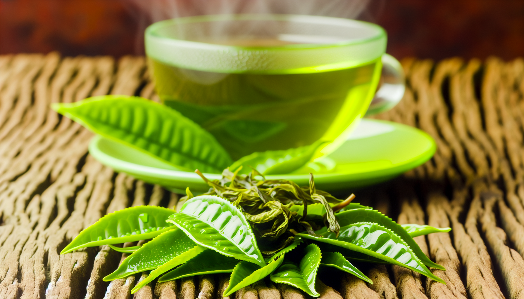 Green tea leaves and a cup of green tea