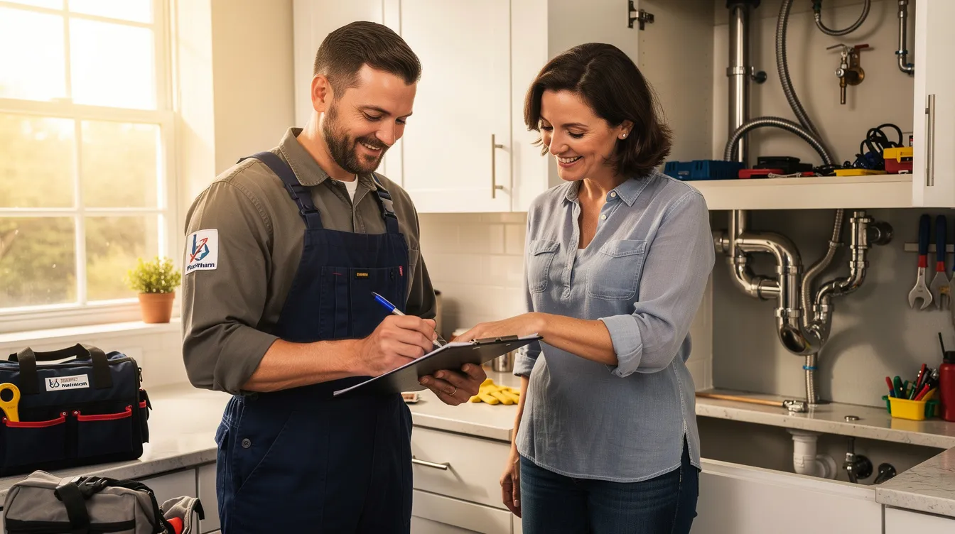 The image shows a plumber sitting at a desk, completing paperwork while engaging with a satisfied customer, highlighting the successful completion of plumbing services and the importance of effective lead generation strategies for plumbing businesses. The scene conveys a sense of professionalism and customer satisfaction, essential for generating quality plumbing leads.