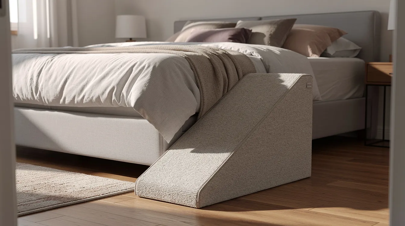 A dog ramp is positioned alongside a tall bed in a cozy bedroom, designed to assist smaller or older dogs with back or hip issues in climbing up easily. The ramp features a gentle slope for good traction, providing a safe and sturdy way for pets to access high furniture without jumping.