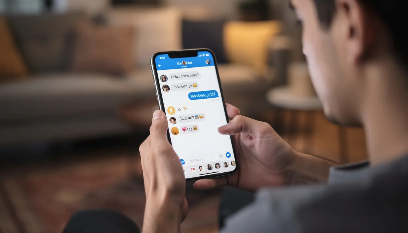 Una persona sostiene un smartphone mostrando una interfaz de chat abierta, donde se pueden ver mensajes de texto que representan una conversación con un chatbot de inteligencia artificial. Esta interacción ilustra cómo los usuarios pueden hacer consultas y recibir respuestas rápidas a través del procesamiento del lenguaje natural, mejorando así la experiencia del cliente en diversas aplicaciones y servicios.