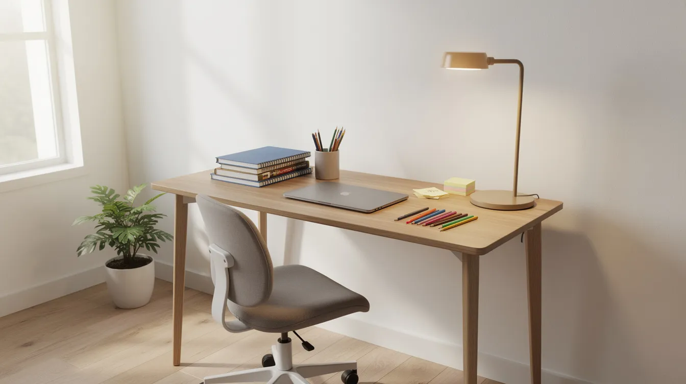 The image depicts a calm and organized study corner featuring a small desk, a lamp, and neatly arranged school supplies in a bright room, creating a supportive environment for primary school students to engage in independent learning and develop essential skills for academic achievement. This space encourages focused work and self-regulation, helping children navigate their learning process effectively.