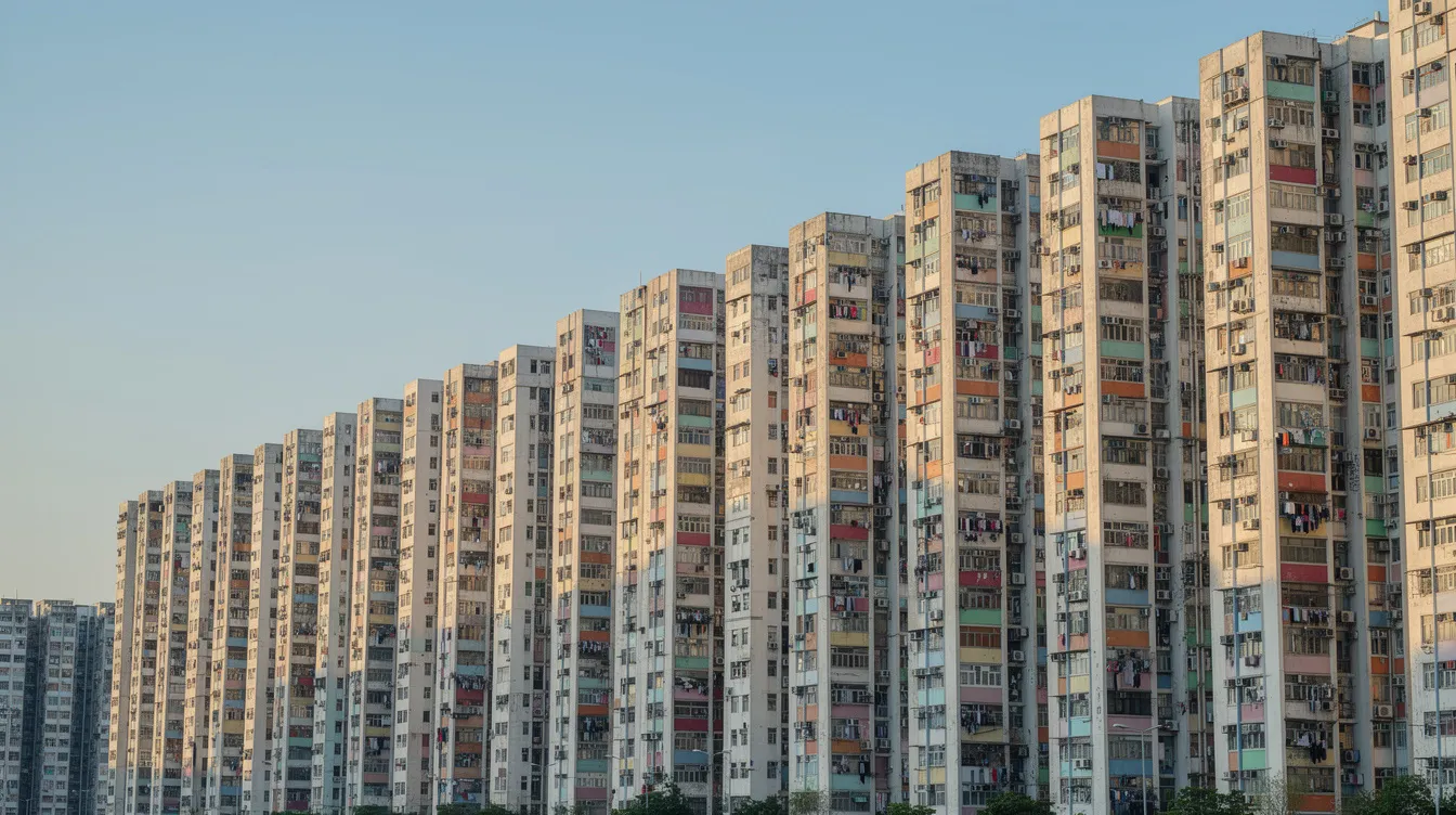香港公屋大廈群組，展示多層公共房屋，反映本地社區的居住環境。