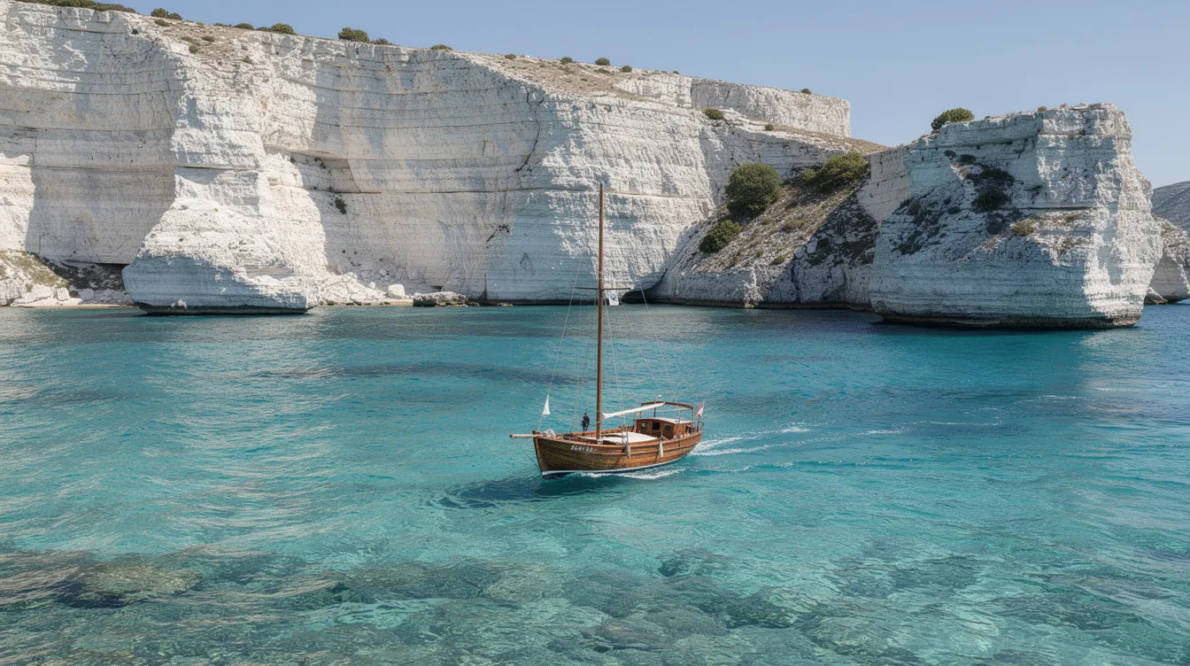 Um barco navega em águas cristalinas azul-turquesa, com falésias brancas ao fundo, evocando a beleza da costa oeste da Grécia, próximo a Navagio Beach em Zakynthos. O cenário paradisíaco destaca as impressionantes formações de calcário e o mar Jônico, criando uma experiência visual deslumbrante.
