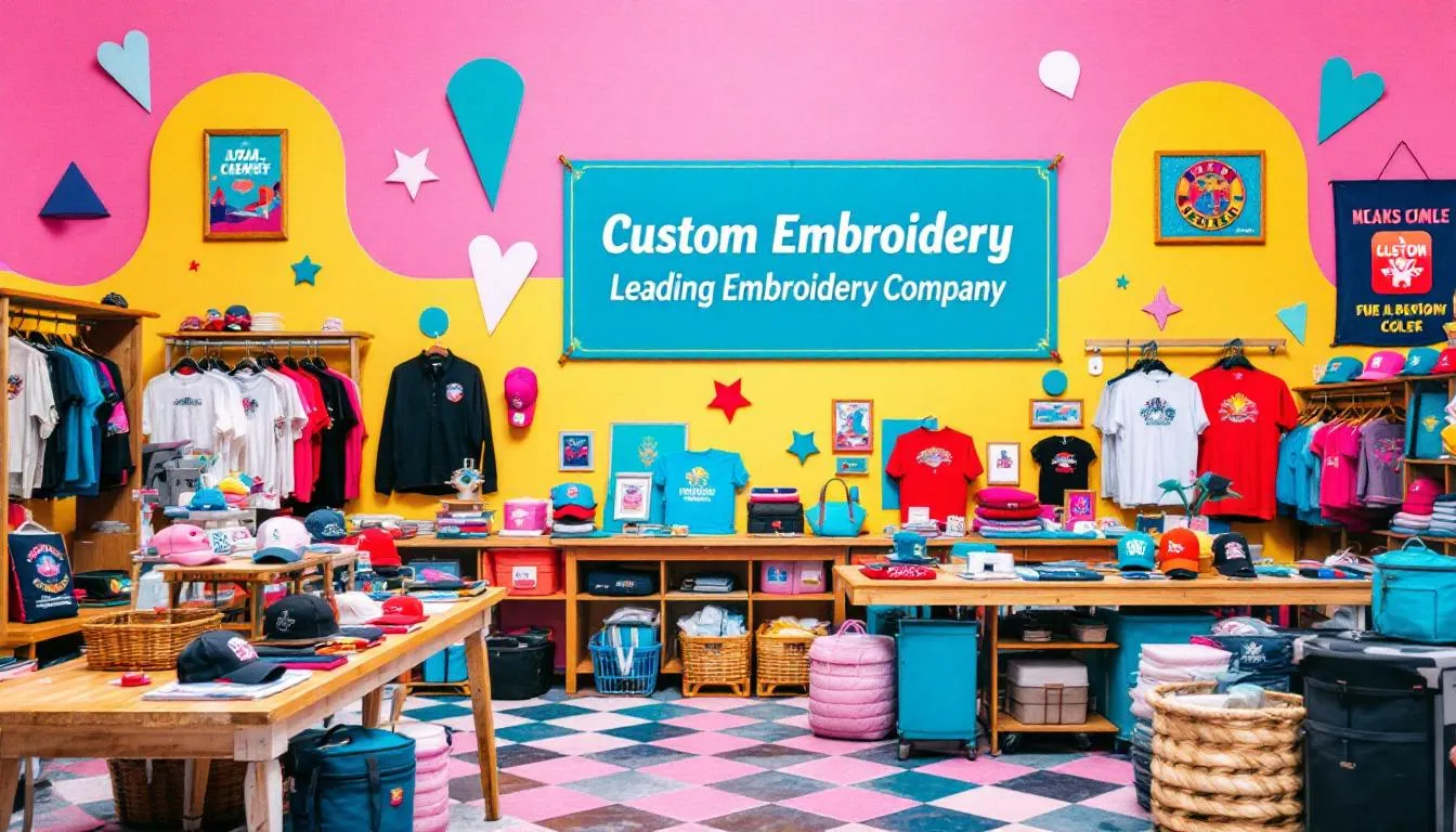 An overview of a leading custom embroidery company in Florida with various embroidered products on display.