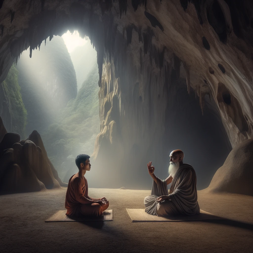 AI-generated image if student in front of Yogi in a cave learning mantra meditation.