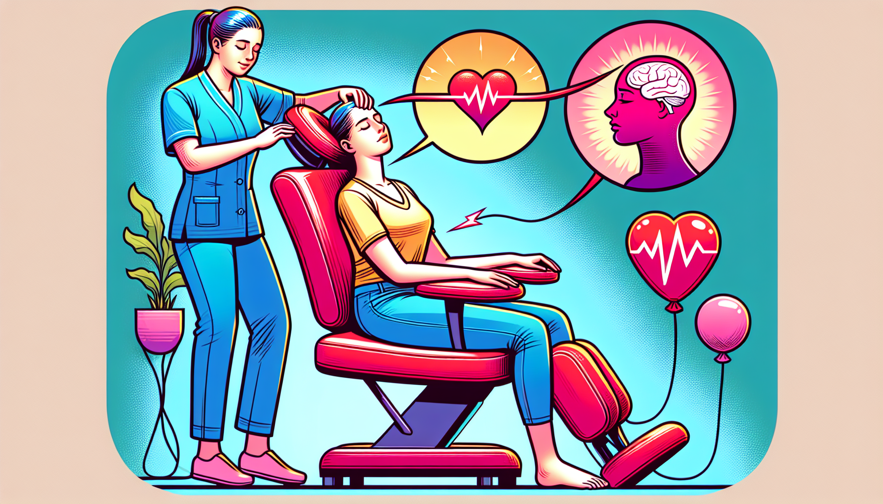 Cartoon of a person receiving chair massage with reduced blood pressure and alleviated headaches