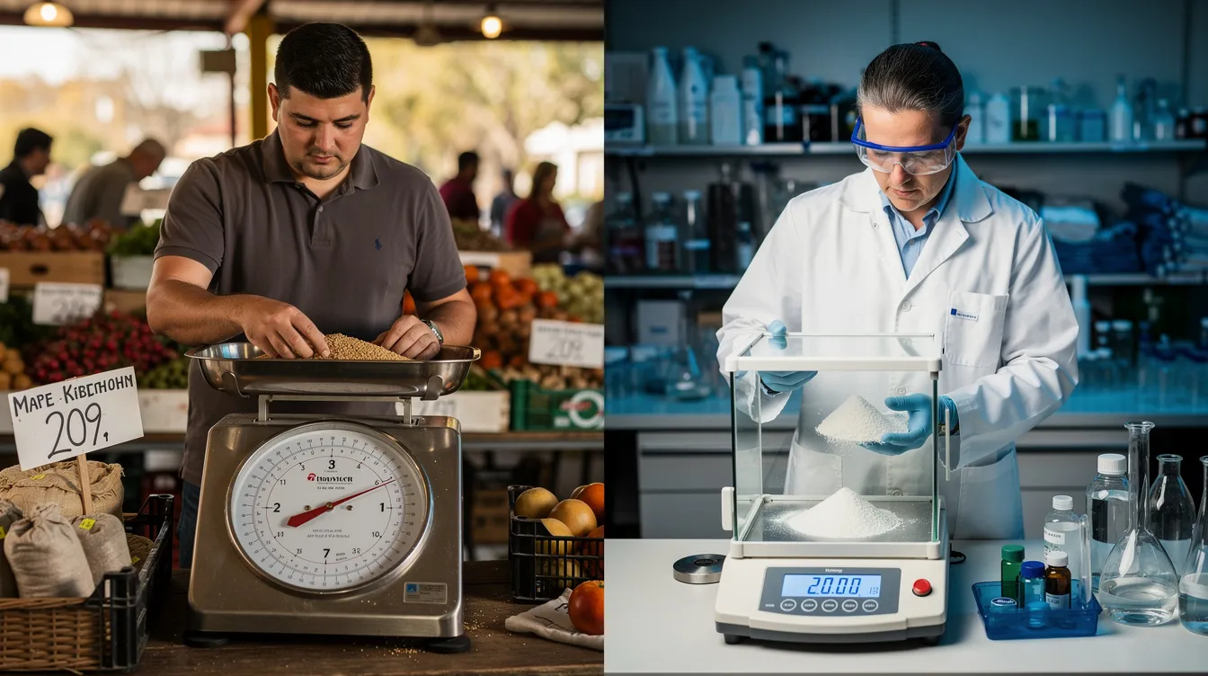 A marketplace vendor stands beside a chemist who is carefully using a precision balance to weigh a powder on a weighing scale. The scene highlights the weighing process with high accuracy instruments, showcasing the importance of precise measurements in both trade and chemistry.