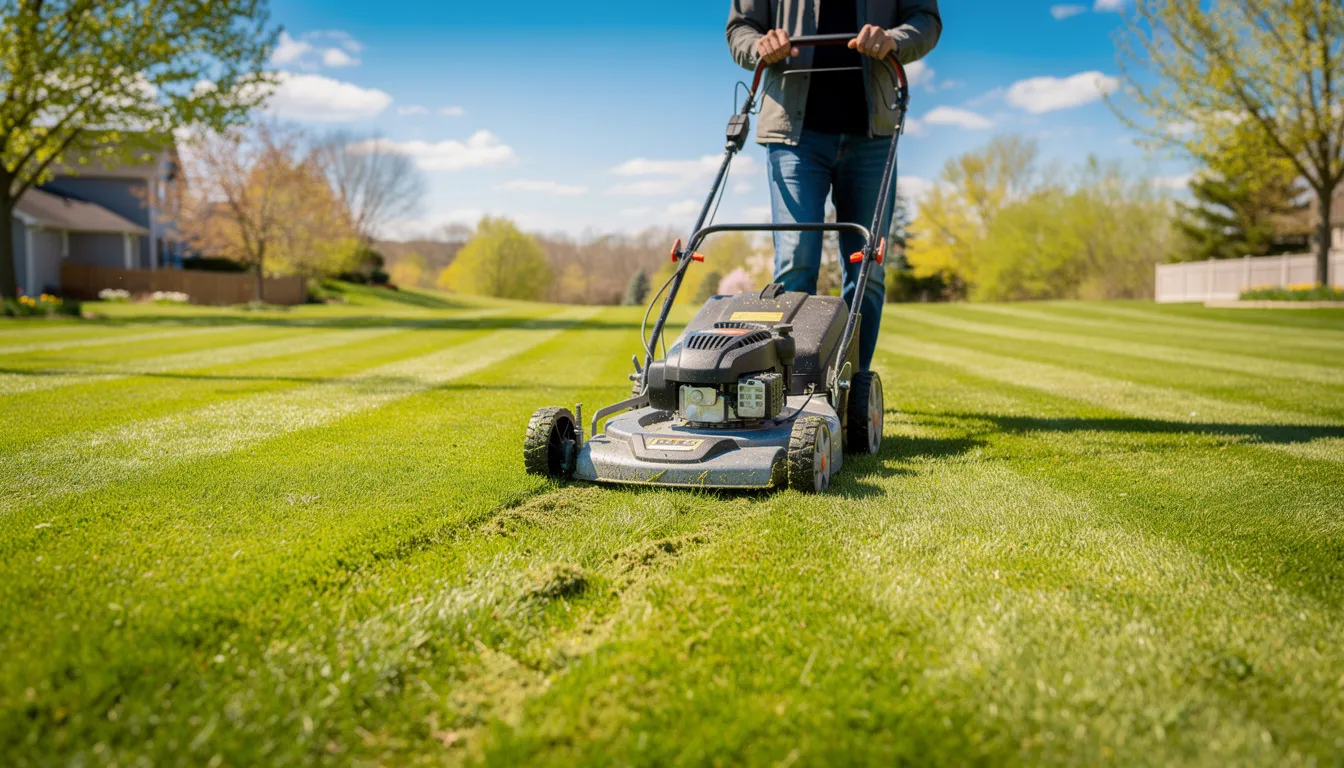 A person is pushing a lawn mower across a lush, striped green lawn under the warm spring sunshine, engaging in regular mowing as part of their lawn care routine. The scene reflects the vibrant grass growth and healthy lawn maintenance essential for encouraging healthy growth during the spring season.