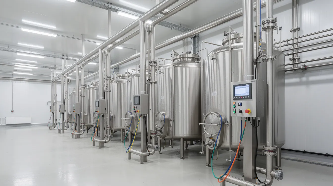 The image depicts the interior of a modern dairy processing facility, featuring large stainless steel tanks and intricate piping systems utilized in membrane filtration technology for whey processing. This setup is essential for the concentration of whey protein and other dairy components, highlighting the advanced techniques employed in the dairy industry.