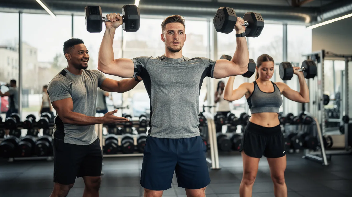 A man is working out in the gym alongside friends, showcasing the importance of physical activity for mental health and the healing process after a breakup. This moment emphasizes the value of new friendships and self-care as part of moving forward from unhealthy relationships.