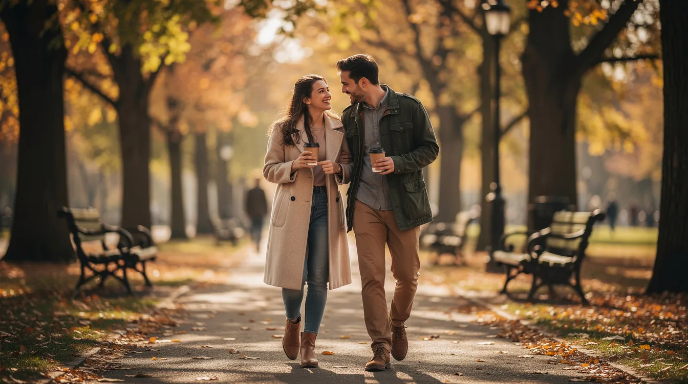 A couple is walking through a park, each holding a coffee cup, enjoying a pleasant moment together. This scene captures the essence of mutual attraction and romance, reminiscent of connections formed through dating apps like the iris dating app.